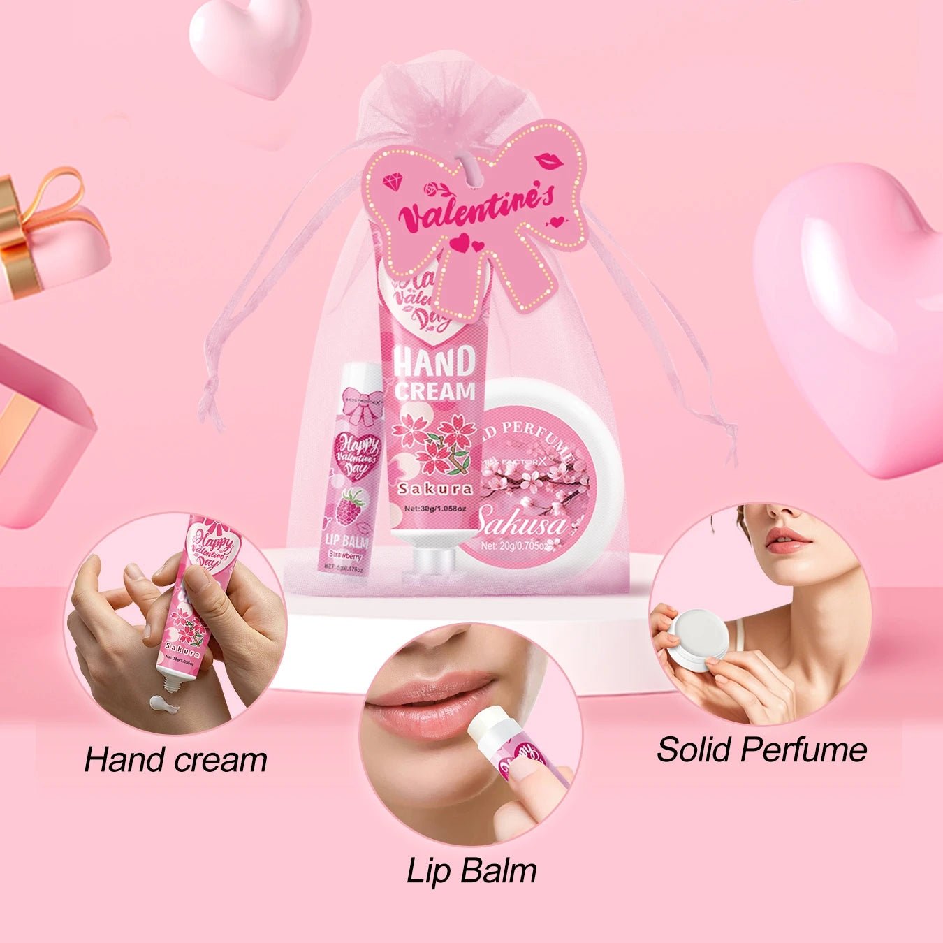 Gift sets 20PCS/box bulk thank you gifts assembly distribution lip balm hand cream perfume pink gift bag and bow card - U&MORE