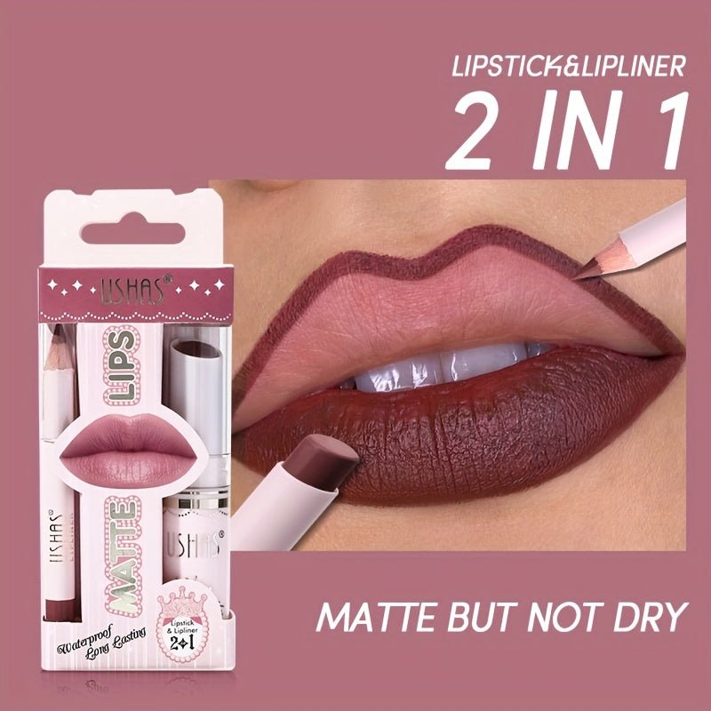 1set, 6 Color Matte Lipstick Lip Balm Liquid + Lip Liner Set, Velvet Nude Lip Gloss, Lip Care - U&MORE