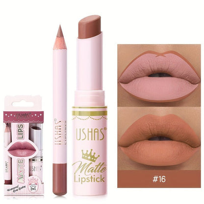 1set, 6 Color Matte Lipstick Lip Balm Liquid + Lip Liner Set, Velvet Nude Lip Gloss, Lip Care - U&MORE
