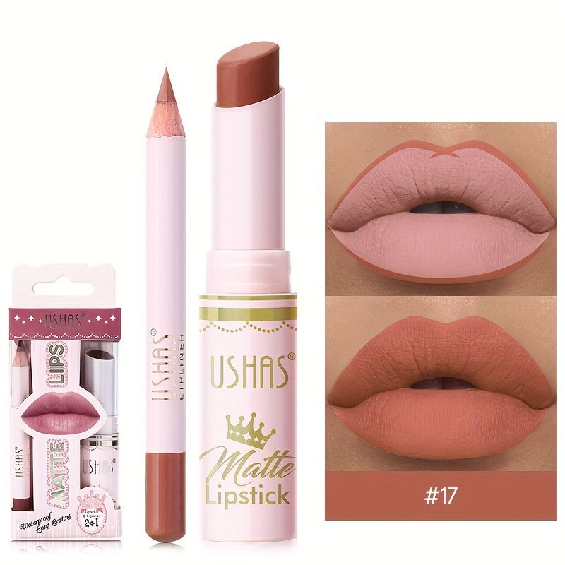 1set, 6 Color Matte Lipstick Lip Balm Liquid + Lip Liner Set, Velvet Nude Lip Gloss, Lip Care - U&MORE