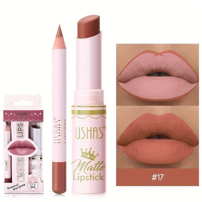 1set, 6 Color Matte Lipstick Lip Balm Liquid + Lip Liner Set, Velvet Nude Lip Gloss, Lip Care - U&MORE