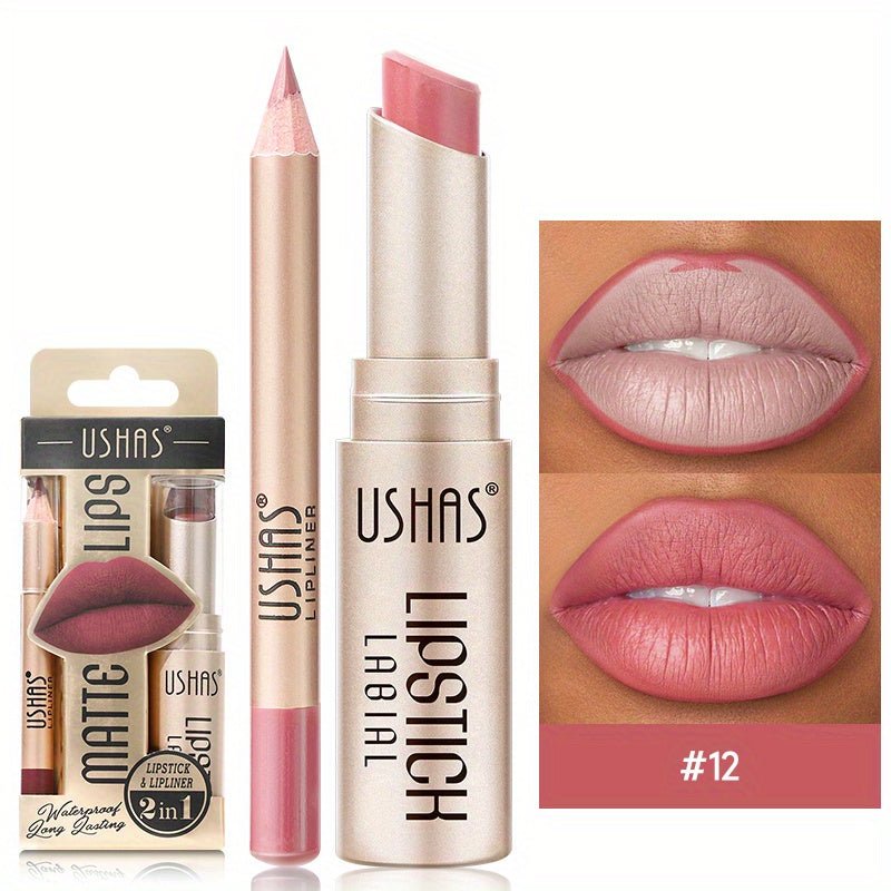 1set, 6 Color Matte Lipstick Lip Balm Liquid + Lip Liner Set, Velvet Nude Lip Gloss, Lip Care - U&MORE