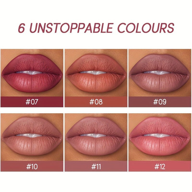 1set, 6 Color Matte Lipstick Lip Balm Liquid + Lip Liner Set, Velvet Nude Lip Gloss, Lip Care - U&MORE