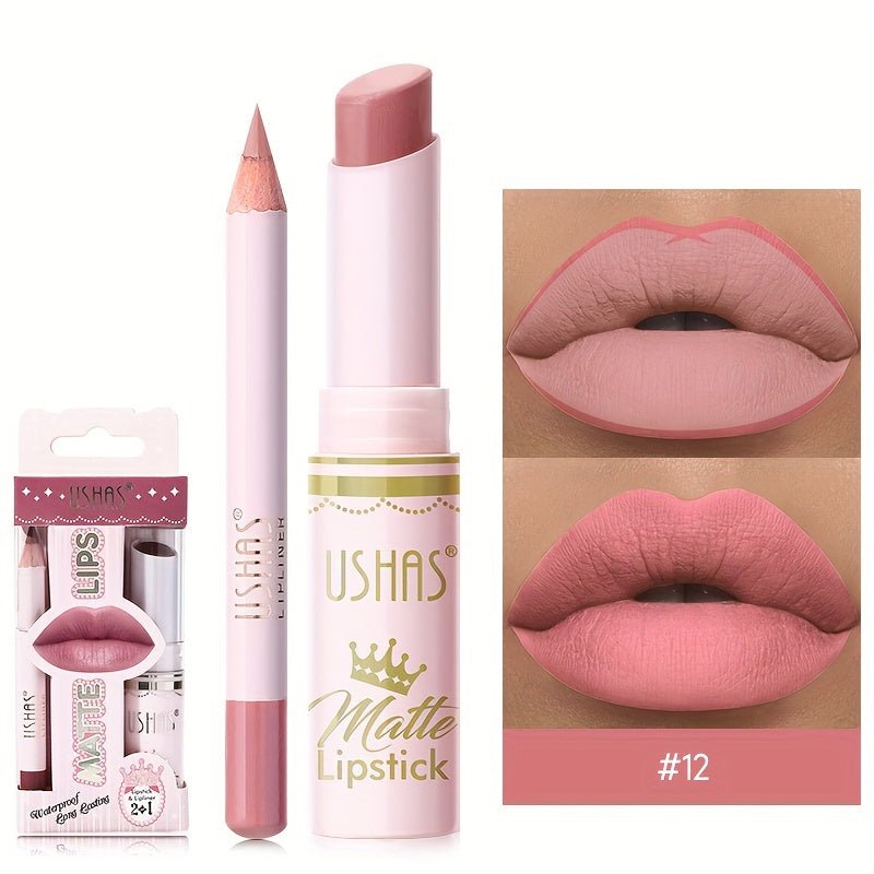 1set, 6 Color Matte Lipstick Lip Balm Liquid + Lip Liner Set, Velvet Nude Lip Gloss, Lip Care - U&MORE