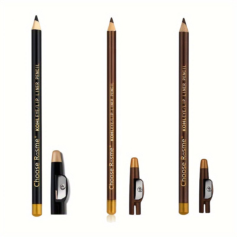 3pcs Chocolate & Rose Makeup Set: Dual - Use Eyebrow, Eyeliner & Lip Pencil in Black, Dark Coffee & Light Brown - Long - Lasting, Natural Look with Built - In Sharpener for All Skin Types, Makeup Accessories - U&MORE