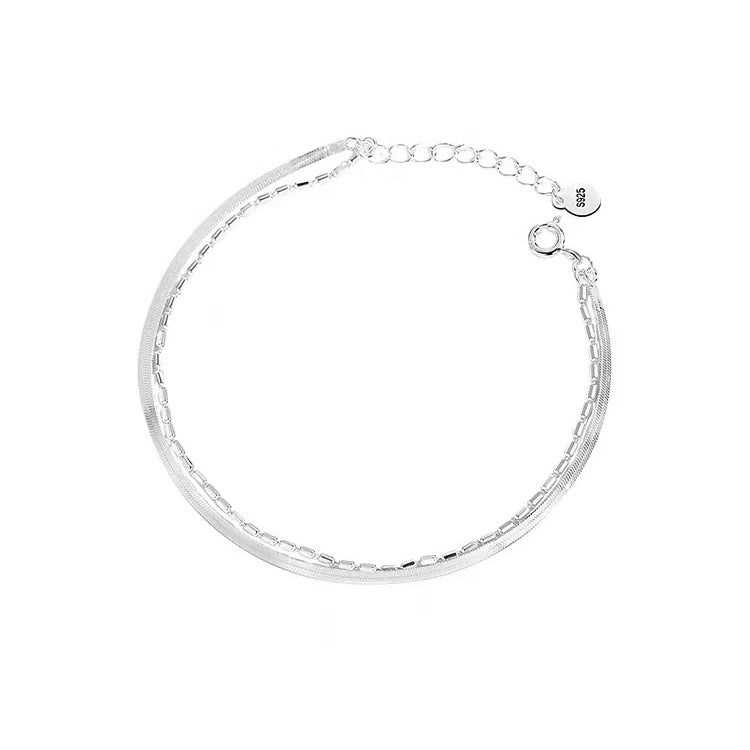 925 Silver - Plated Flat Snake Chain Double - Layer Bracelet For Women - U&MORE