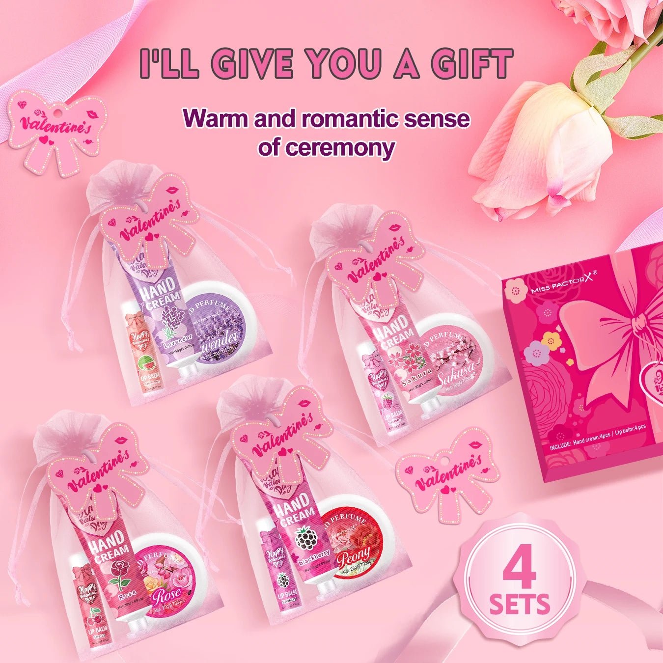 Gift sets 20PCS/box bulk thank you gifts assembly distribution lip balm hand cream perfume pink gift bag and bow card - U&MORE