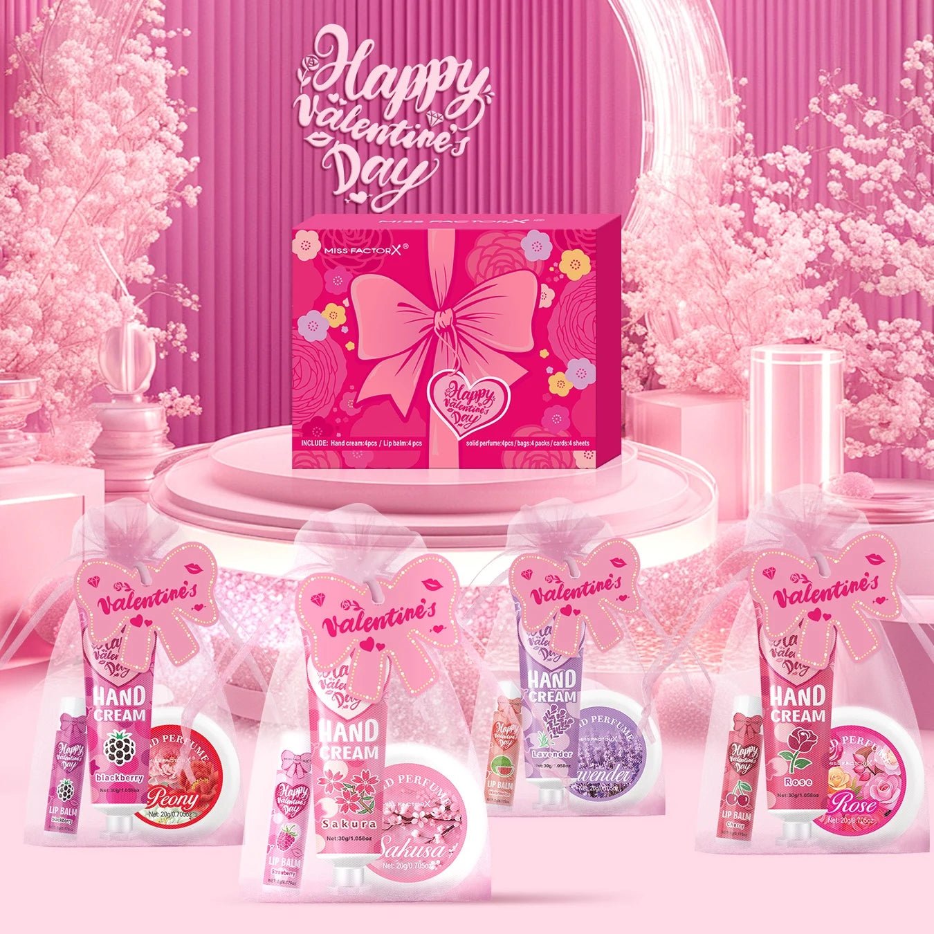 Gift sets 20PCS/box bulk thank you gifts assembly distribution lip balm hand cream perfume pink gift bag and bow card - U&MORE